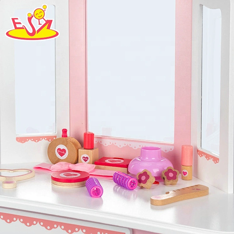 Customize pink wooden girls makeup vanity with mirror and stool W08H135