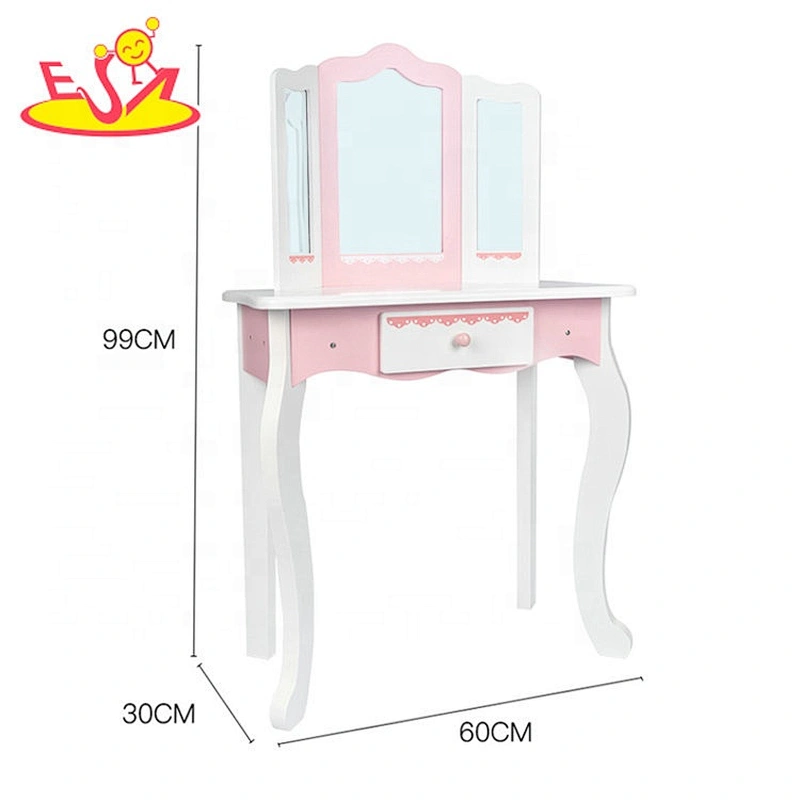 Customize pink wooden girls makeup vanity with mirror and stool W08H135
