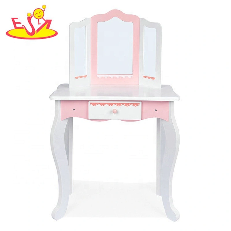 Customize pink wooden girls makeup vanity with mirror and stool W08H135