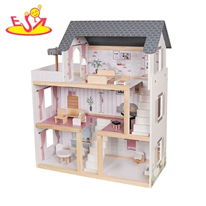 2020 Top sale kids dollhouse wooden doll house with led light W06A413