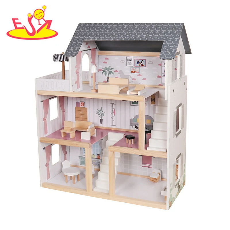 2020 Top sale kids dollhouse wooden doll house with led light W06A413