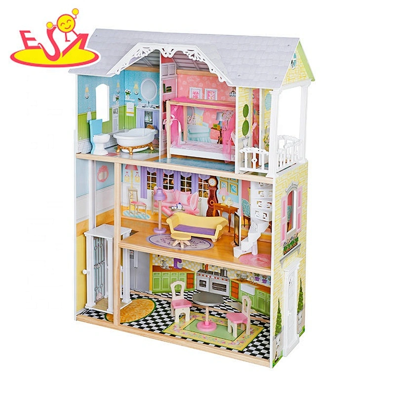 On sale simulation play wooden princess doll house for girls W06A418