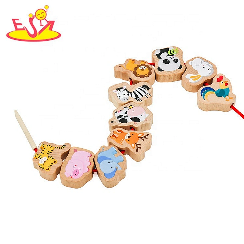 Wholesale multi-function animal blocks puzzle wooden threading toy for toddlers W11E158