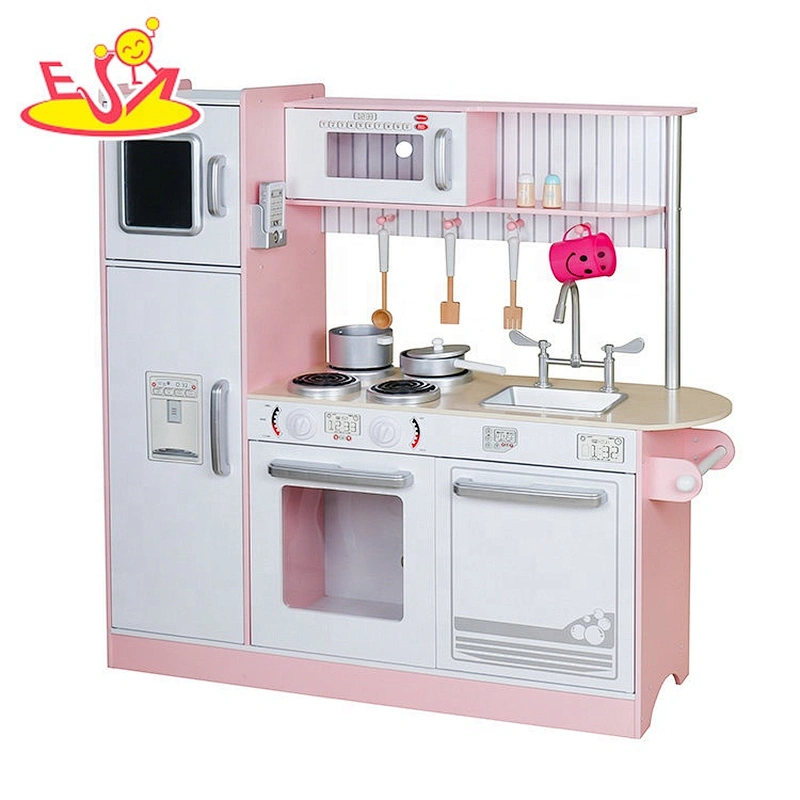 2020 Top sale children large pink wooden toy kitchen set for with fridge W10C382B