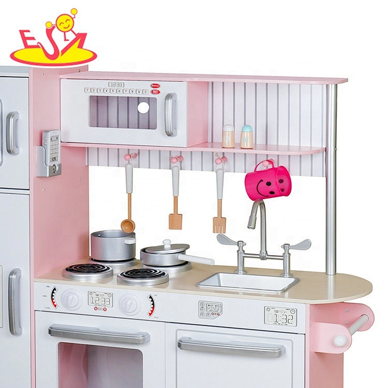 2020 Top sale children large pink wooden toy kitchen set for with fridge W10C382B