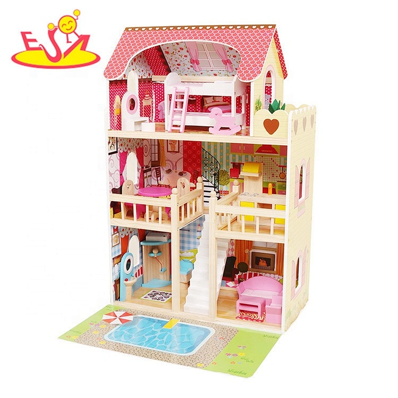 2020 Top sale kids dollhouse wooden doll house with led light W06A413