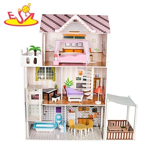 2020 Top sale kids dollhouse wooden doll house with led light W06A413