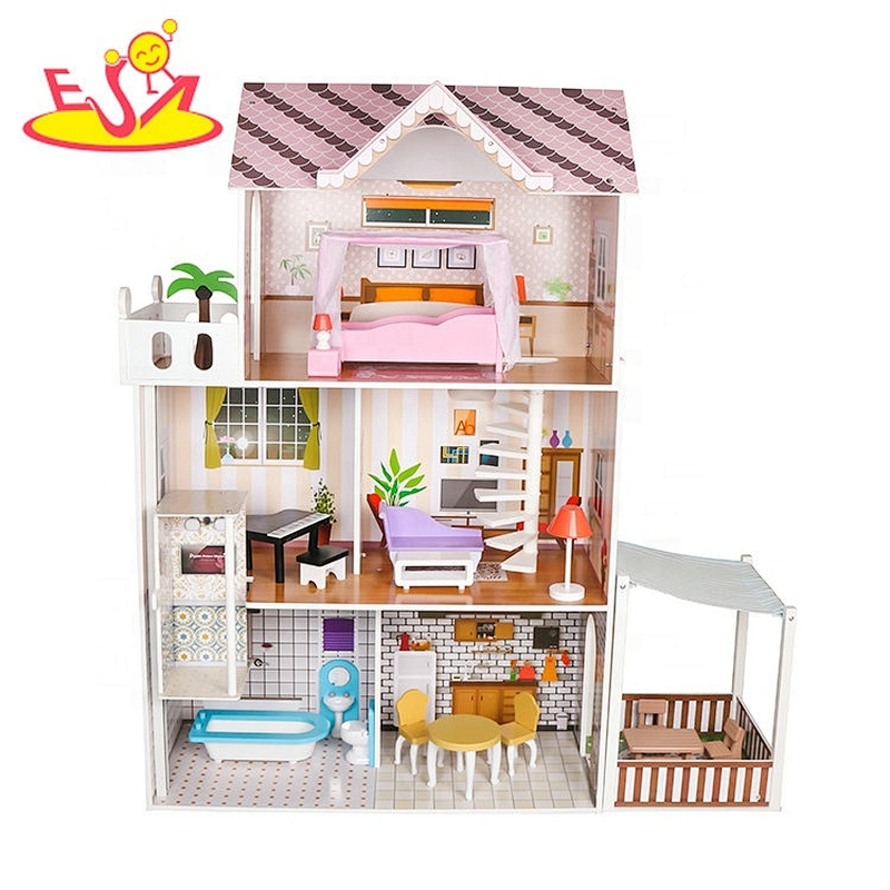 2020 Top sale kids dollhouse wooden doll house with led light W06A413