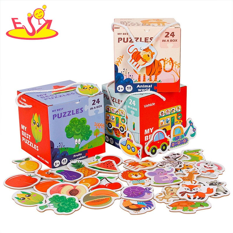 Top fashion wooden shape educational puzzle fruits animals vehicles recognition matching toy for kids W14N014