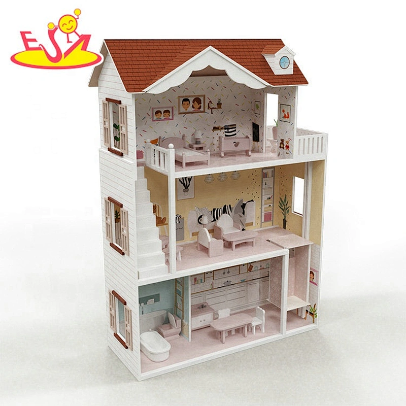 2021 Custom Wholesale Natural Pine Wood Doll House Miniature Construction Toys For Kids W06A417