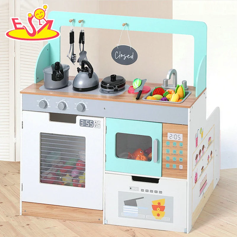 2021 Double-sided wooden kitchen pretend cooking role play for kids W10C612