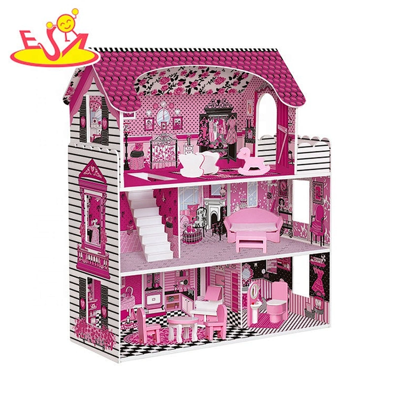 Customize Red Miniature Wooden Small Doll House For Girls W06A380D