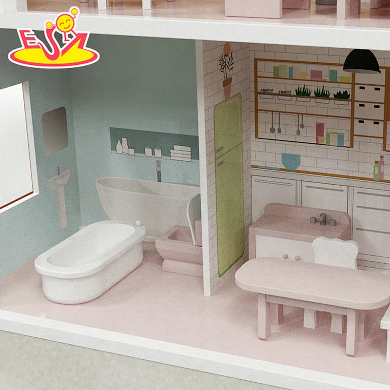 2021 Custom Wholesale Natural Pine Wood Doll House Miniature Construction Toys For Kids W06A417