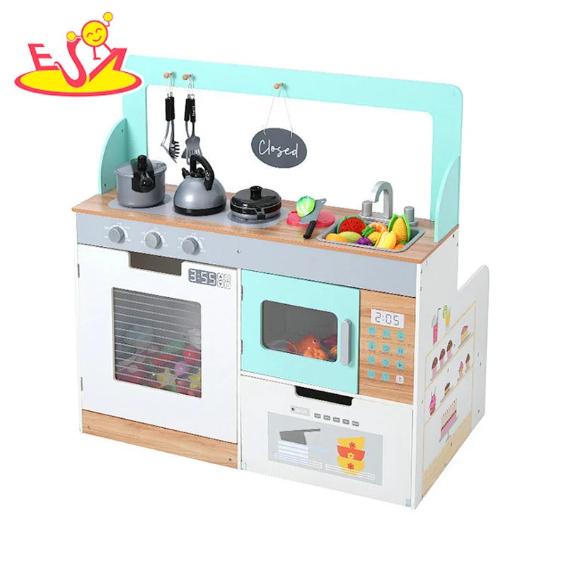 2021 Double-sided wooden kitchen pretend cooking role play for kids W10C612