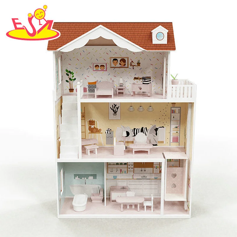 2021 Custom Wholesale Natural Pine Wood Doll House Miniature Construction Toys For Kids W06A417