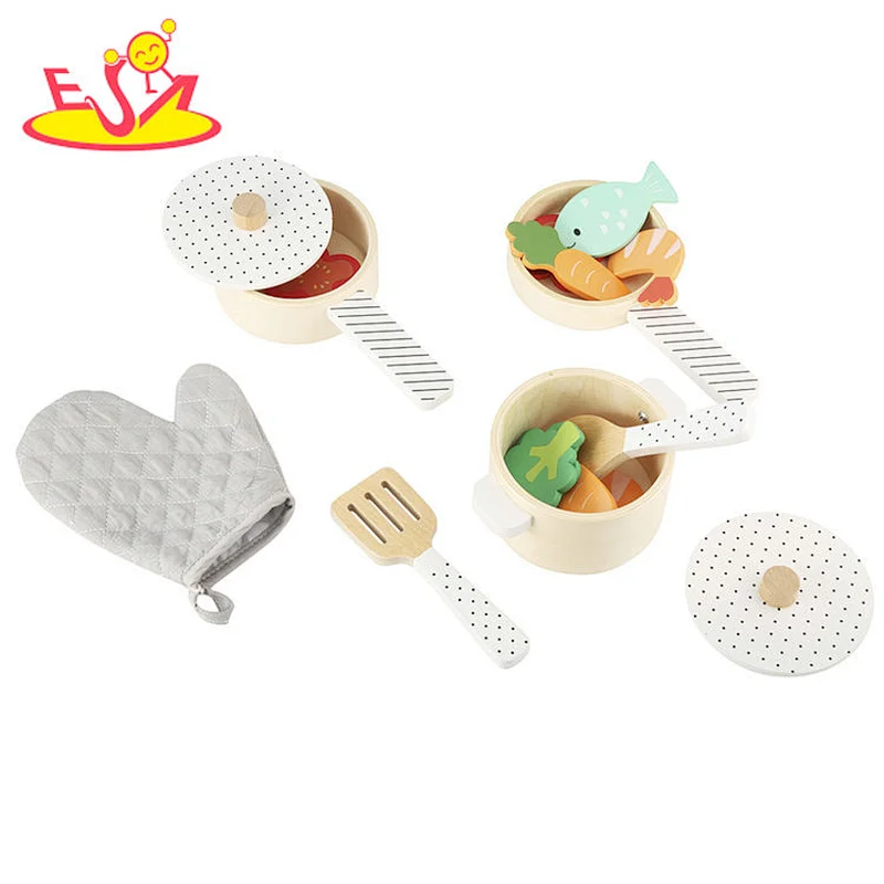 Wholesale educational wooden kitchen toy pots and pans set for children W10B300