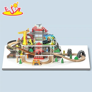 Customize kids construction wooden toy parking lot with train set W04C212