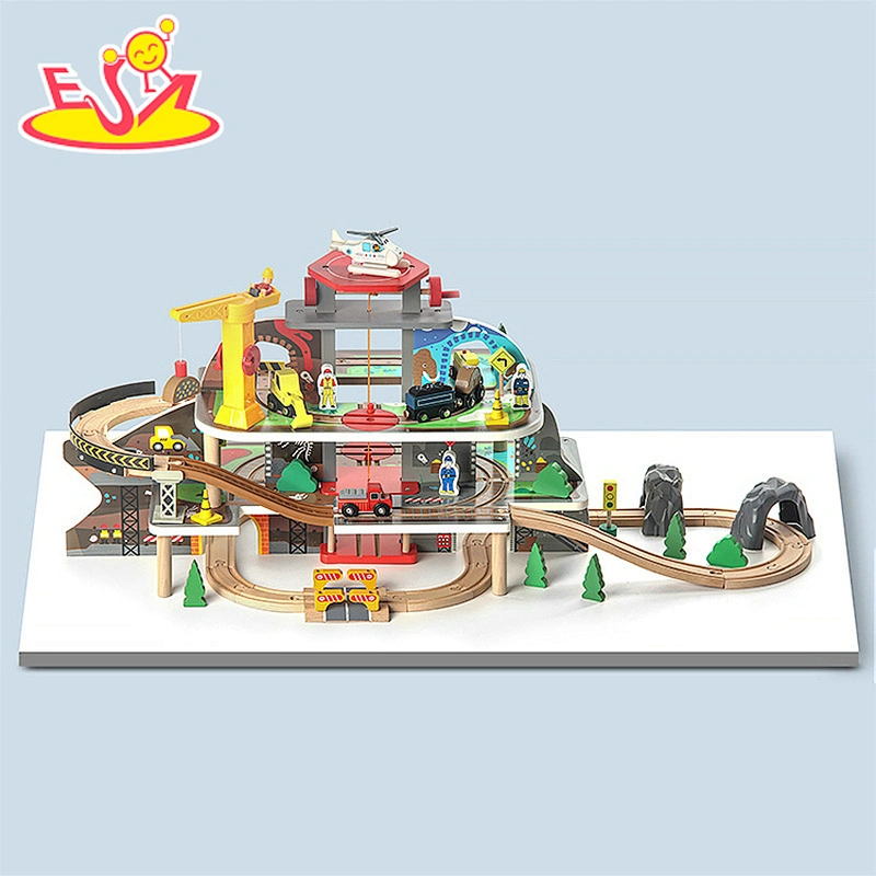 Customize kids construction wooden toy parking lot with train set W04C212