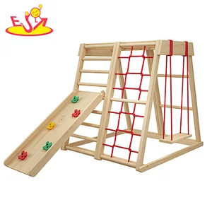 Montessori kids indoor playground wooden climbing pyramid with slide and swings W01F012