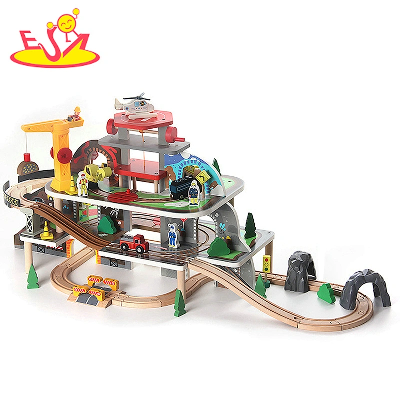 Customize kids construction wooden toy parking lot with train set W04C212