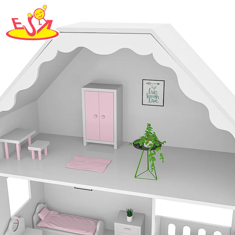 Customize multilayer children wooden white doll house with stair W06A460