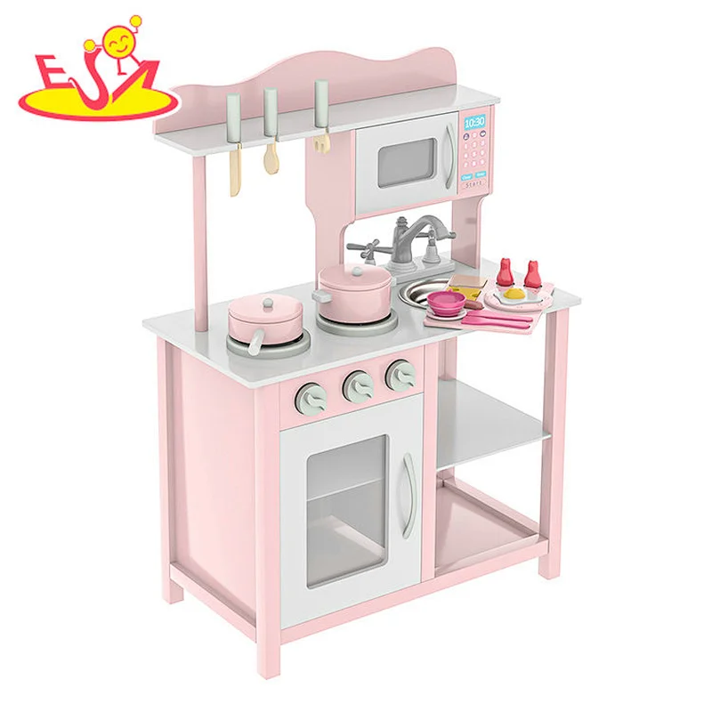 Hot Selling Custom Toddler Pretend Cooking Pretend Role Play Set Pink Wooden Kitchen Toys For Girls W10C404F