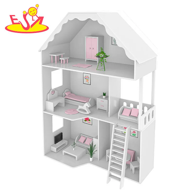 Customize multilayer children wooden white doll house with stair W06A460