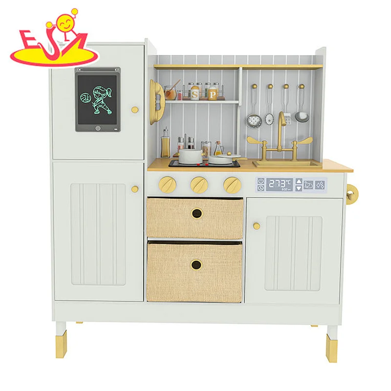 Children large pretend cooking wooden toy kitchen with fridge W10C692