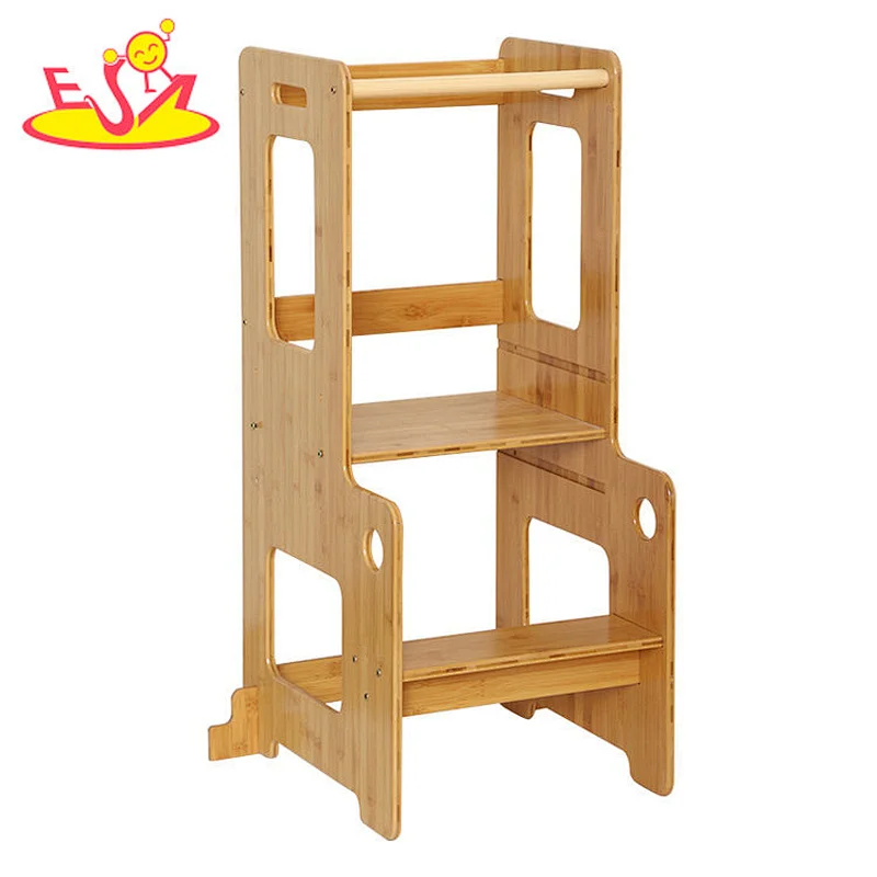 3 Heights adjustable wood kitchen helper stool for kids learning standing tower W08G341