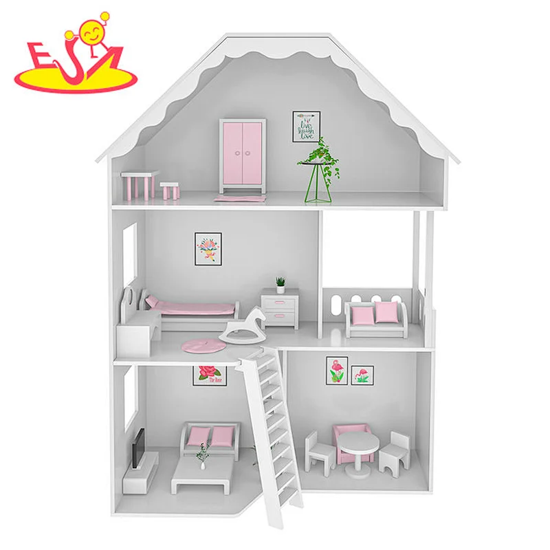 Customize multilayer children wooden white doll house with stair W06A460