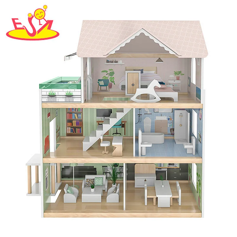 Factory Customize girls miniature wooden doll house with elevator W06A470