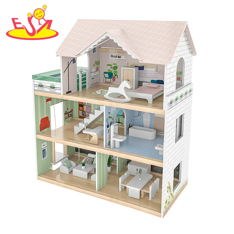 Factory Customize girls miniature wooden doll house with elevator W06A470