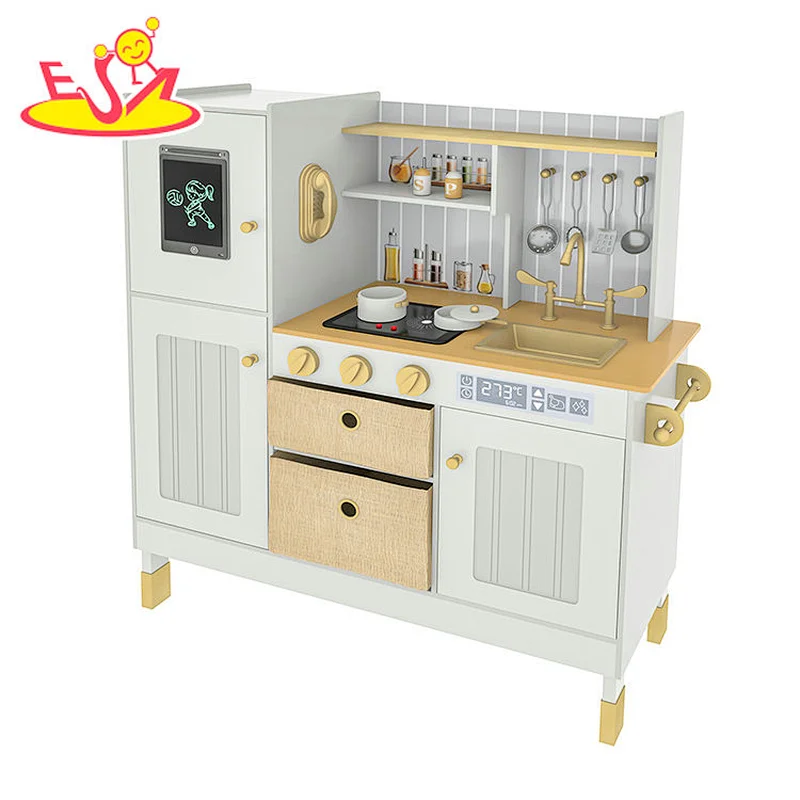 Children large pretend cooking wooden toy kitchen with fridge W10C692