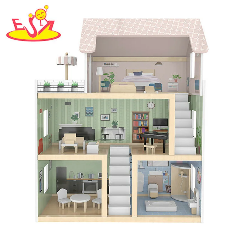 2022 Neu Angekommen Pretend Play DIY Kinder Holz Puppenhaus Spielzeug für Mädchen W06A413E
