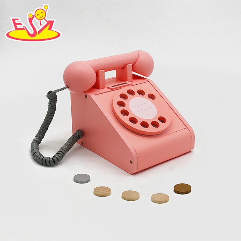 Kids Educational Toys Pretend Phone Call Toy Pink Color Wooden Telephone Set Toys W10D454B