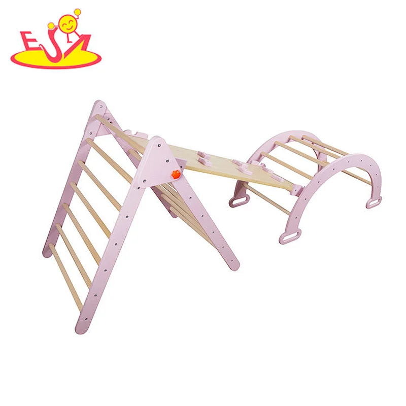 Factory direct sale indoor play set kids wooden climbing arch with slide W08K322