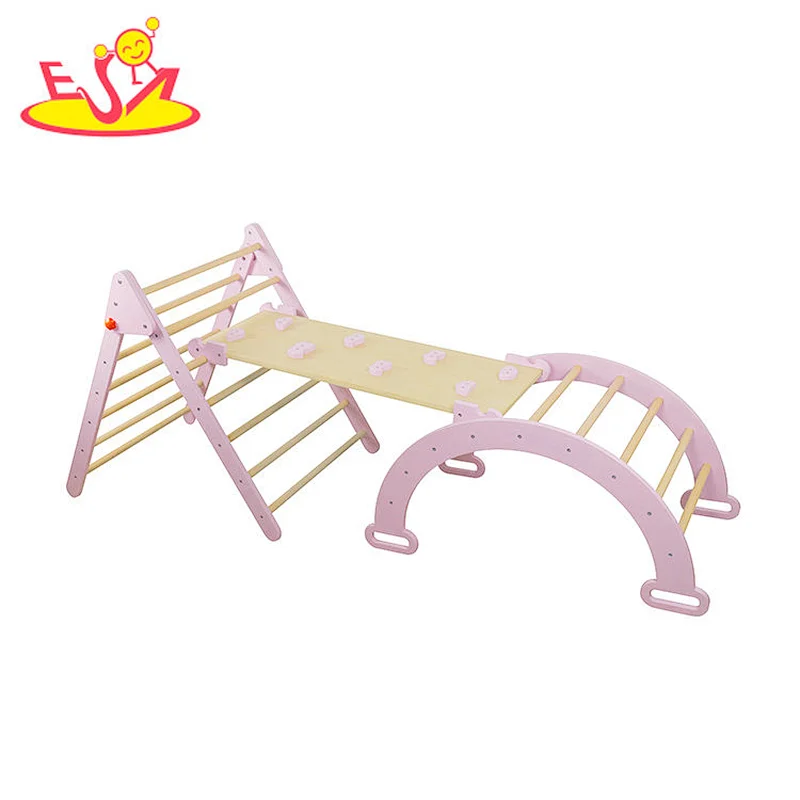 Factory direct sale indoor play set kids wooden climbing arch with slide W08K322