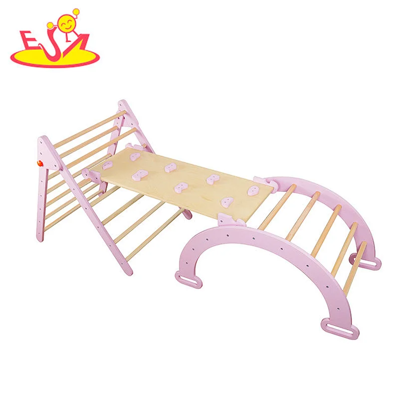 Factory direct sale indoor play set kids wooden climbing arch with slide W08K322