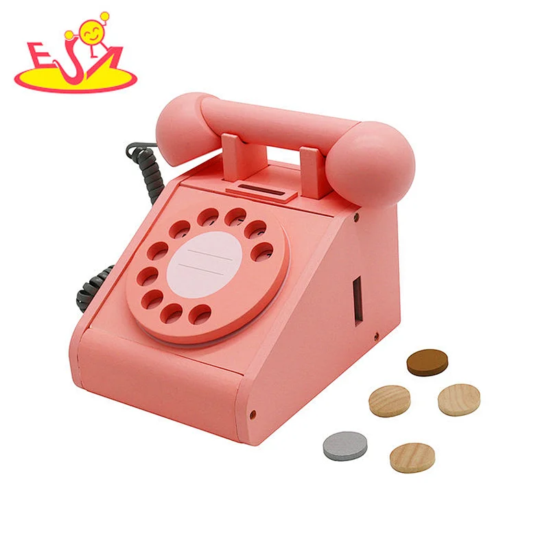 Kids Educational Toys Pretend Phone Call Toy Pink Color Wooden Telephone Set Toys W10D454B
