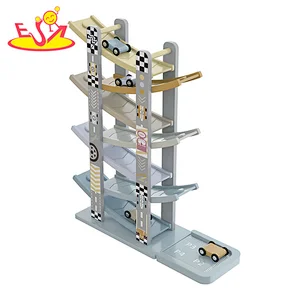 New design educational kids wooden toy car ramp racer with 4 mini cars W04E432