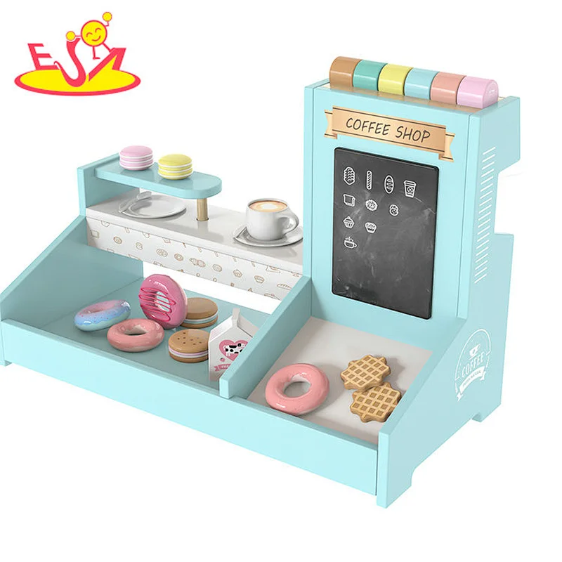 Hot sale kids pretend play wooden toy coffee maker with dessert shop W10D462