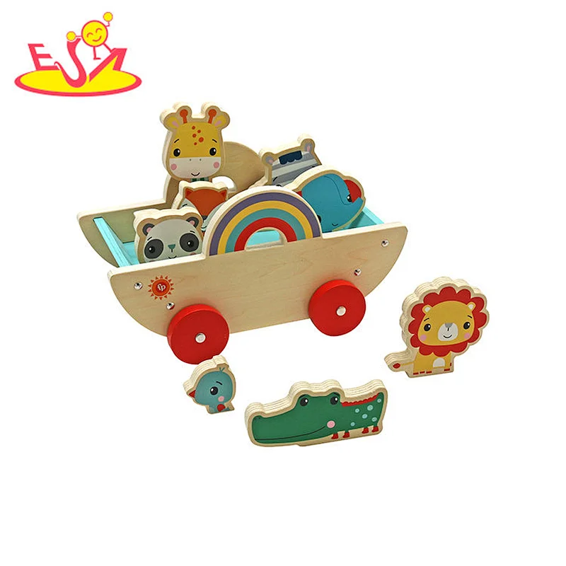 Wholesale Early Education Wooden Baby Walking Animal Pulling Cart Toys For Toddlers W05C154