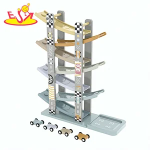 New design educational kids wooden toy car ramp racer with 4 mini cars W04E432