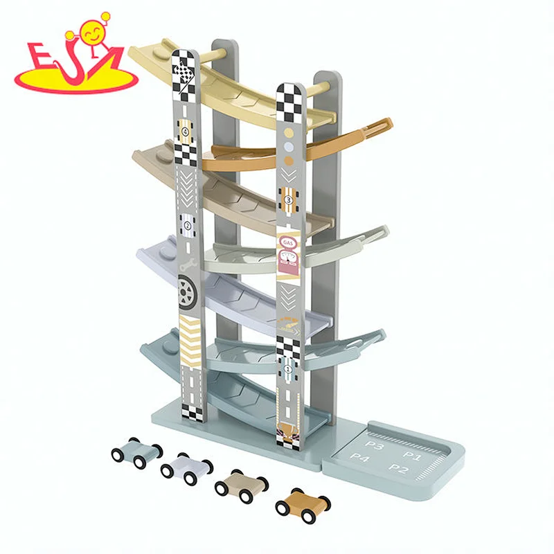 New design educational kids wooden toy car ramp racer with 4 mini cars W04E432