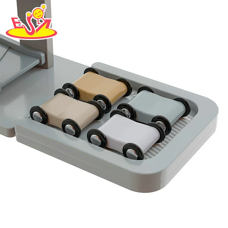New design educational kids wooden toy car ramp racer with 4 mini cars W04E432