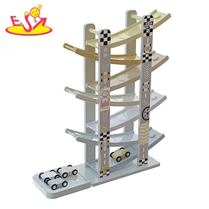 New design educational kids wooden toy car ramp racer with 4 mini cars W04E432