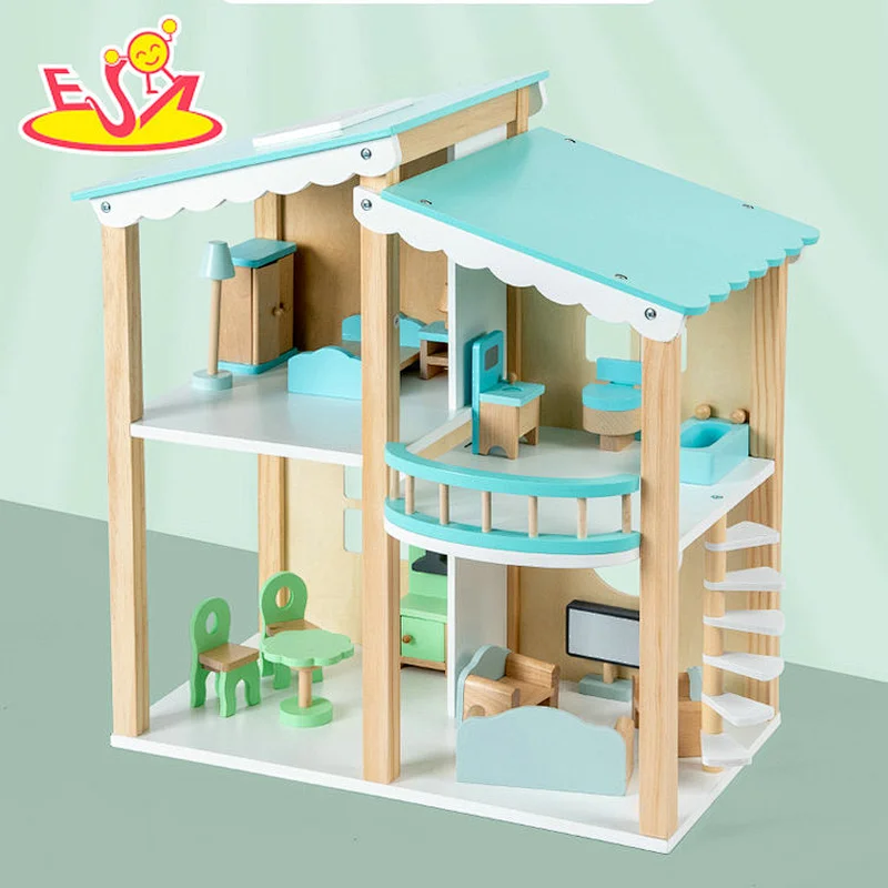 DIY Toy Educational Toy Kids Wooden Blue Doll House With Furniture ...