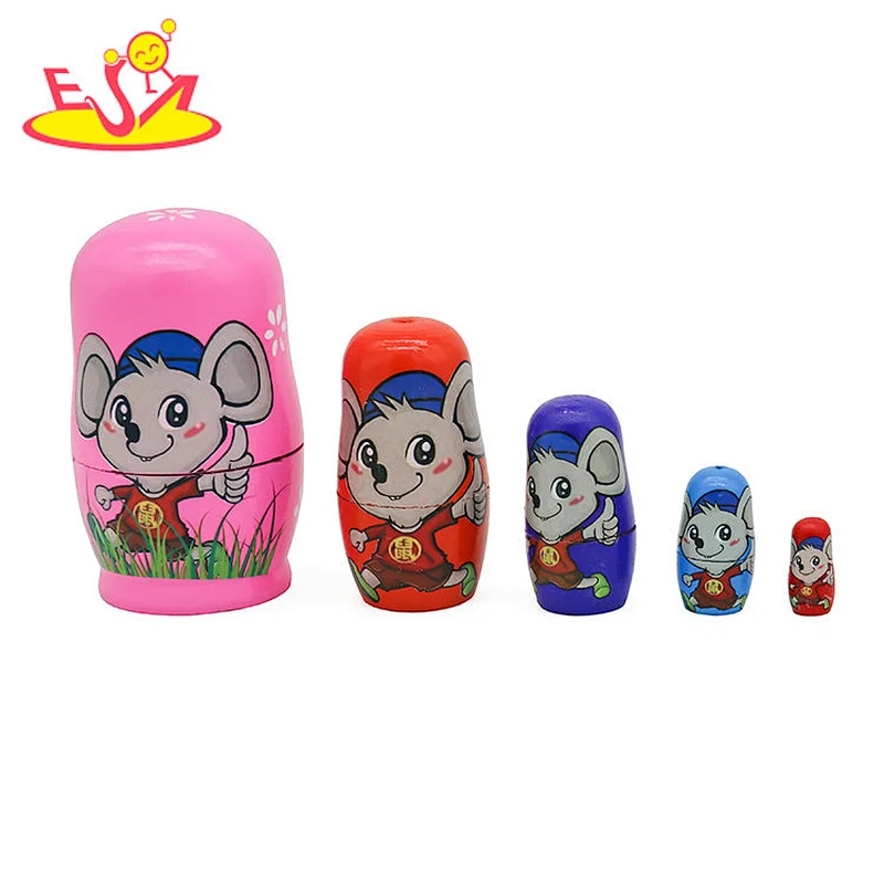 Hot selling mouse wooden baby nesting stacking doll toy set W06D159