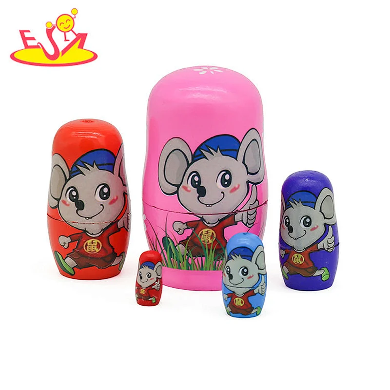 Hot selling mouse wooden baby nesting stacking doll toy set W06D159