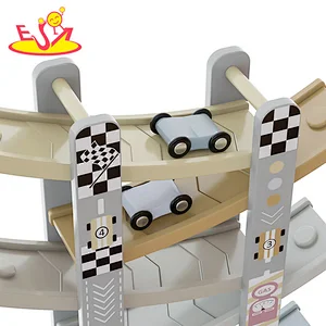 New design educational kids wooden toy car ramp racer with 4 mini cars W04E432